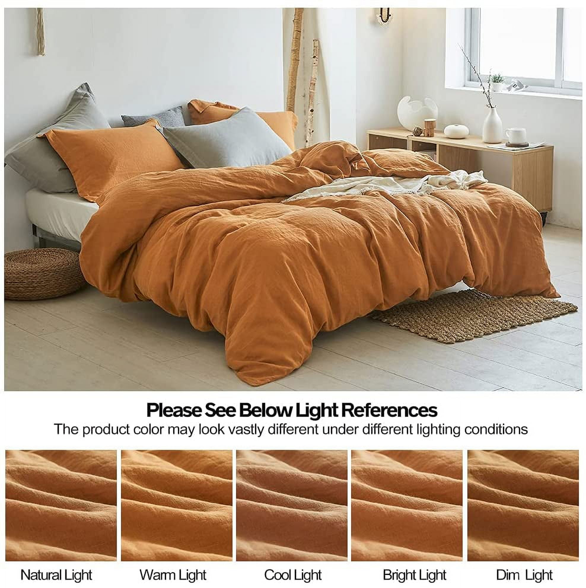 Simple&Opulence 100% Linen Duvet Cover Set 3pcs Natural French Basic Style Washed Flax Solid Color Breathable Soft Farmhouse Bedding with Button Closure (Rust, King)