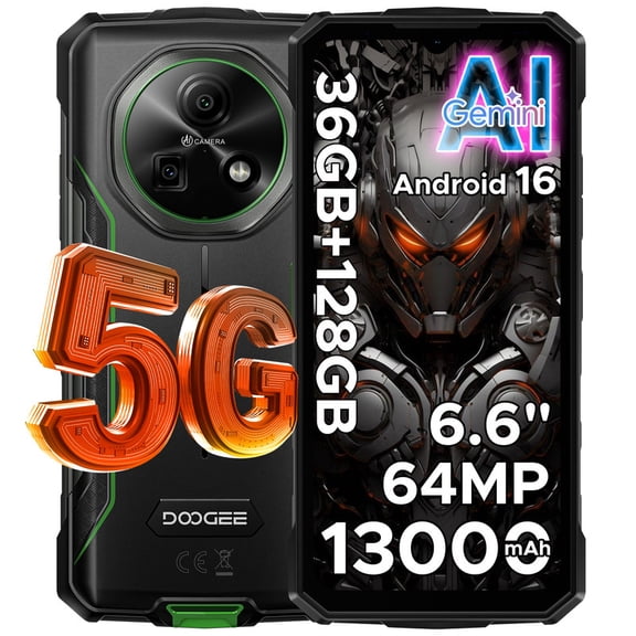 DOOGEE Fire 7 5G Adroid 16 Rugged Phone Unlocked,13000mAh/18W,36GB 128GB/TF 2TB,6.6"HD 90Hz,64Mp 16Mp,IP68/IP69K Waterproof,Nfc/Otg/Face ID