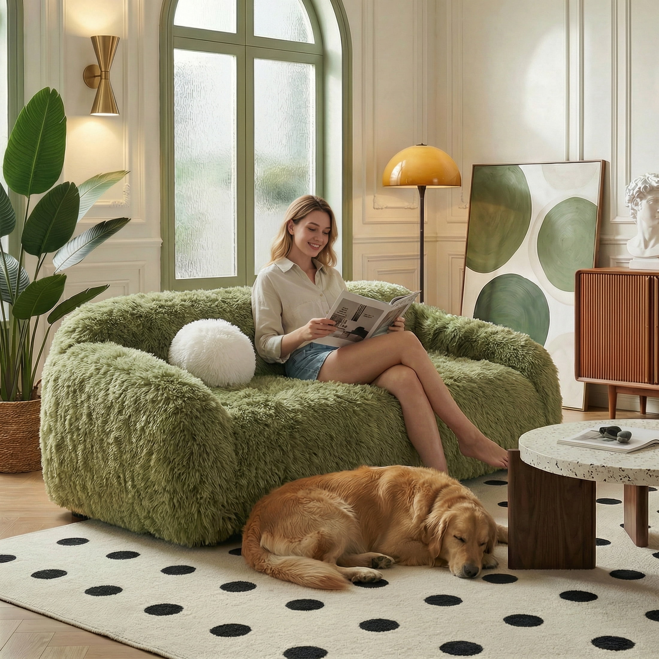 Aukfa 84" Comtemporary Plush Faux Fur Sofa, Pet-Friendly Couch for Living Room, 25" Deep Seat, Green