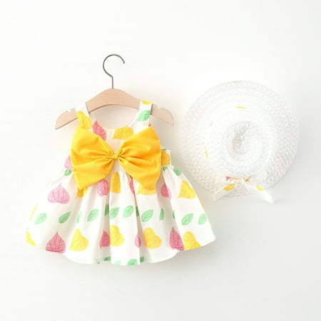 

DNDKILG Newborn Infant Baby with Hat Polka Dot Dress for Girls Bow Sundress Summer Sleeveless Dresses Yellow 0-24M