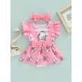 thumbnail image 2 of Infant Baby Girls Ruffle Romper Fly Sleeve Cartoon Elephant Stripe Printed Bodysuit with Headband, 2 of 9
