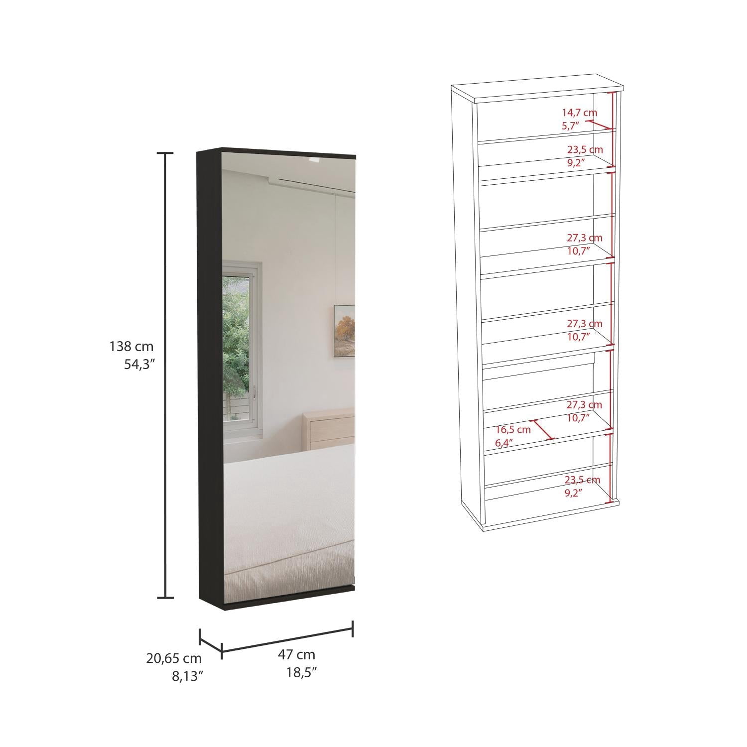 TUHOME Leto Mirrored Wall Mount Shoe Rack, 10-Pair Capacity, Black Wenge