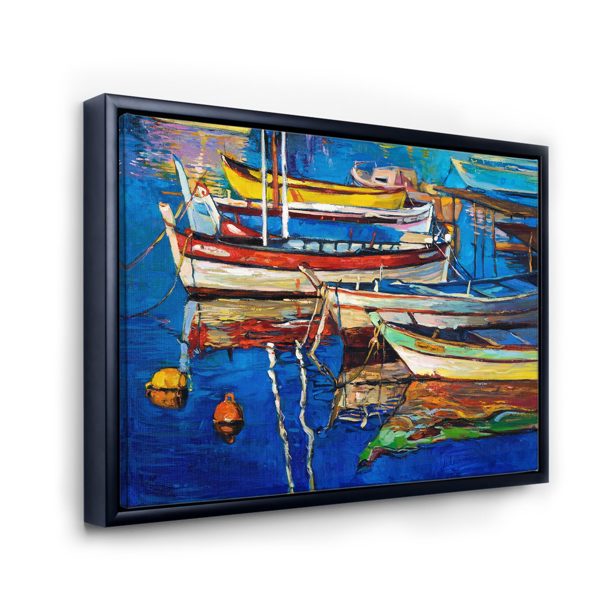 Designart 'Boats Near Coastal Town Resting On The Water II' Nautical & Coastal Framed Canvas Wall Art Print