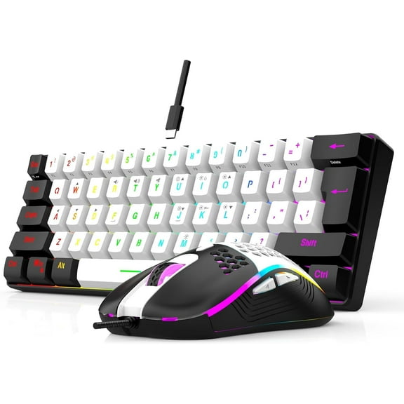 60% Wired RGB Gaming Keyboard and Mouse Combo, 14 Mode of Backlight, 6400 DPI Gaming Mouse, Mini Keyboard with Membrane Switch Comfort Use Budget Typing for PC Computer Laptop (White)