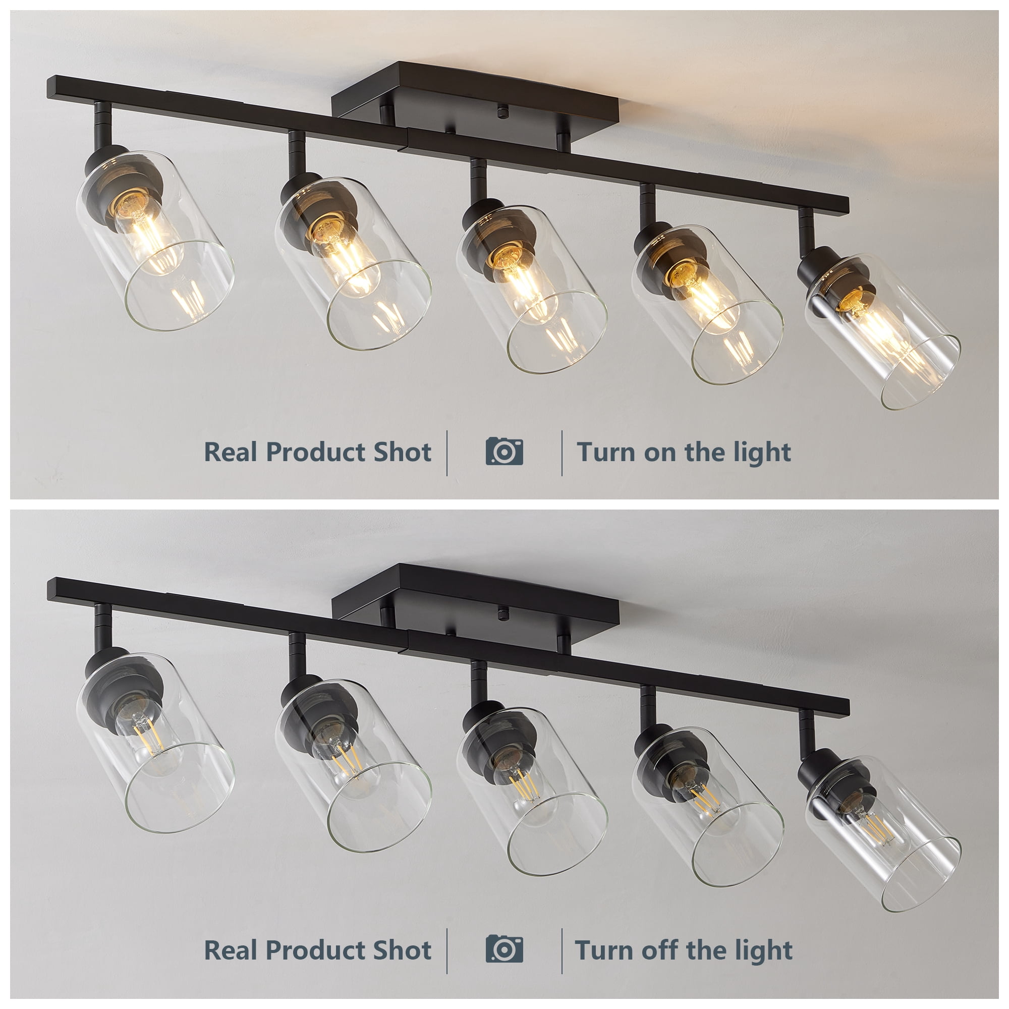 Jopath 5-Light Semi Flush Mount Ceiling Light, Adjustable Chandelier with Clear Glass Shades, Rotatable Black Track Lighting Fixtures for Hallway Foyer Bedroom(Bulb Not Included)