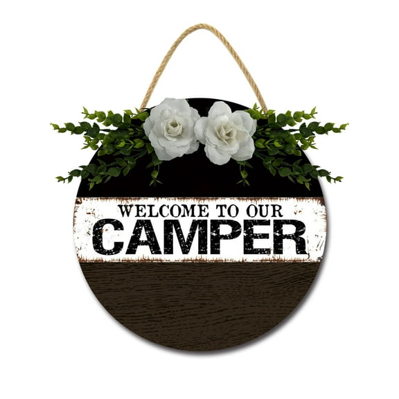 Welcome To Our Camper Sign Farmhouse Wood Sign Front Porch Decor Rustic Wooden Sign Wall Decor Hanging Wooden Decorations with Bow-Knot for Home Porch Wall Door, 11 x 11 Inch