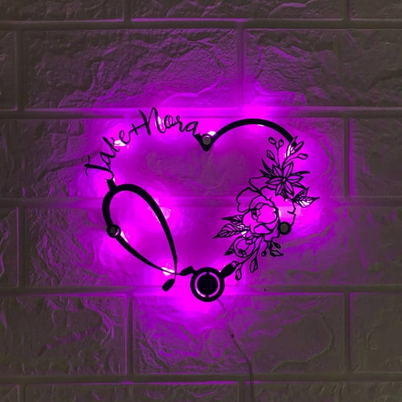 Handmadetneonsign Custom Floral Heart Stethoscope Nursing Metal Wall Art LED Light - Personalized