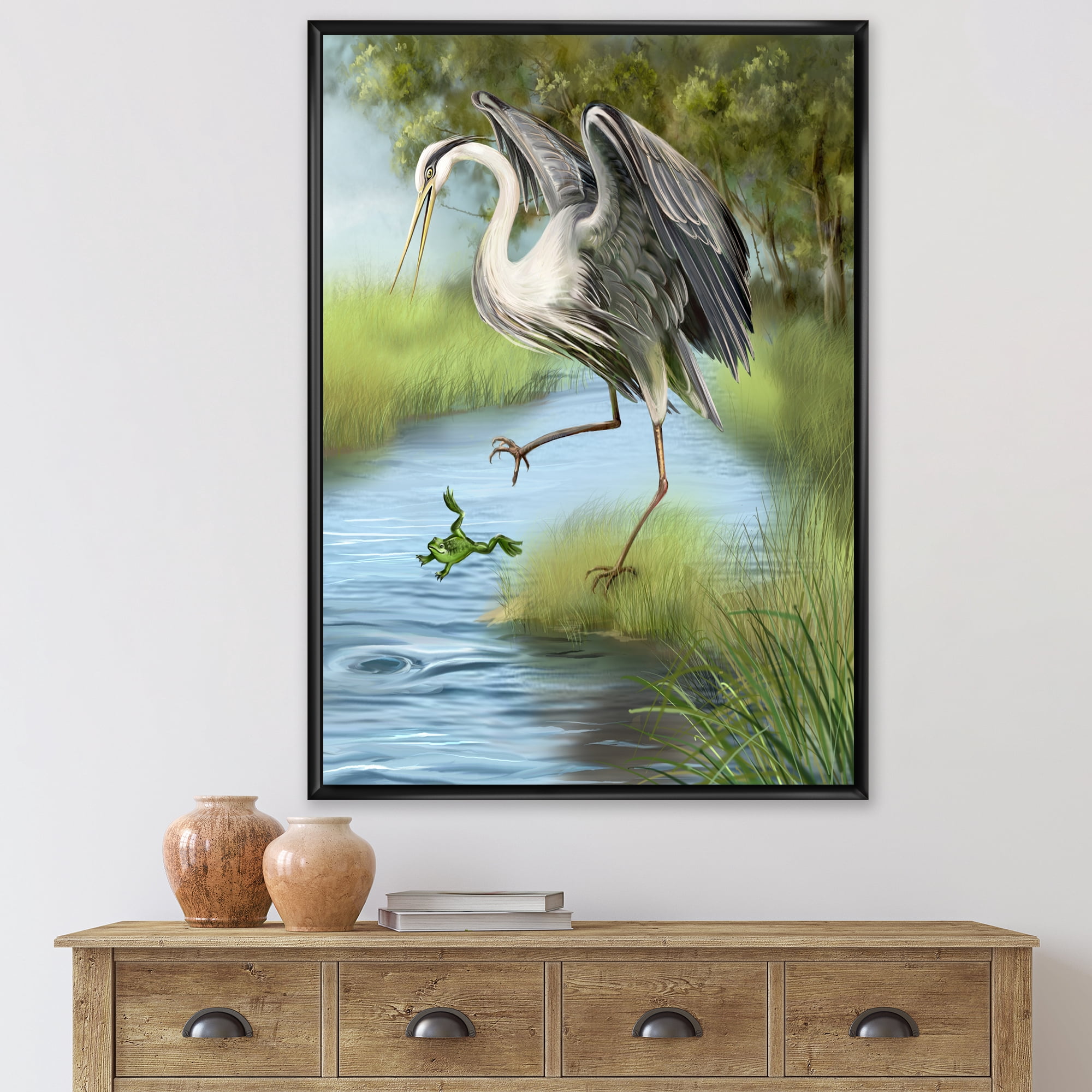 Crane Hunting A Frog 16 in x 32 in Framed Painting Canvas Art Print, by Designart