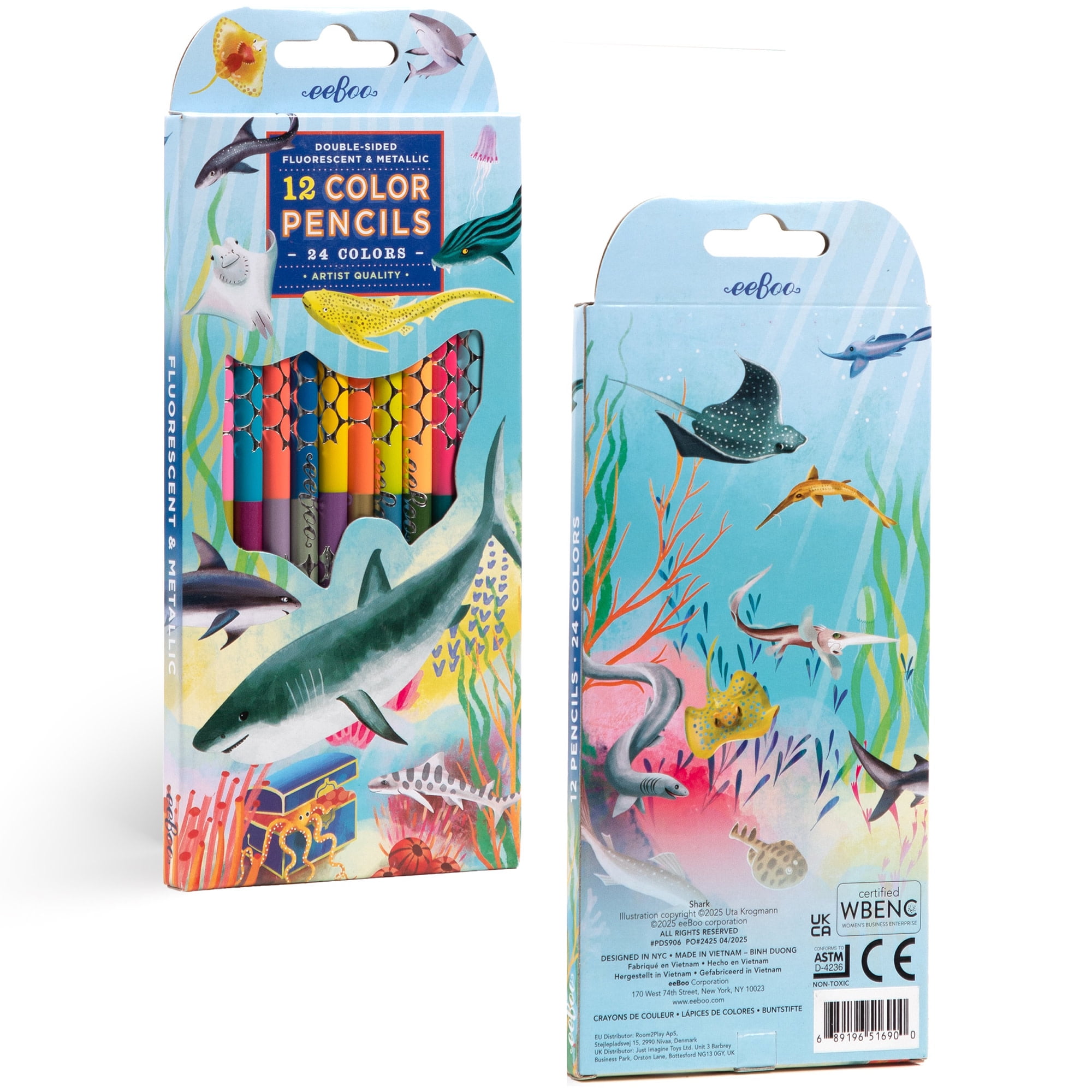 eeBoo: Double-Sided Colored Pencils - Shark – 12pc Set, 24 Vibrant Metallic & Fluorescent Shades, Silver Foil Barrels, Kids Art & Drawing Supplies