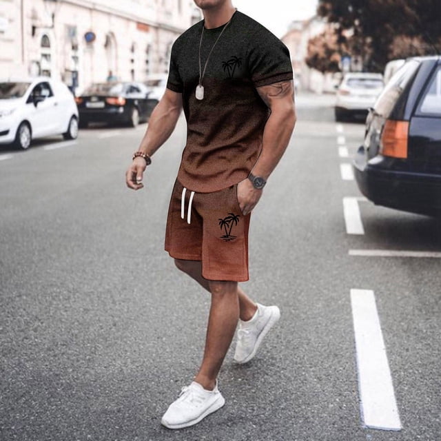 Costumes pour Hommes - Classification et Titre des Produits pour Hommes et Ensemble de Sport Été 2024 Athlétisme Décontracté Manches Courtes Col Rond Imprimé Noix de Coco