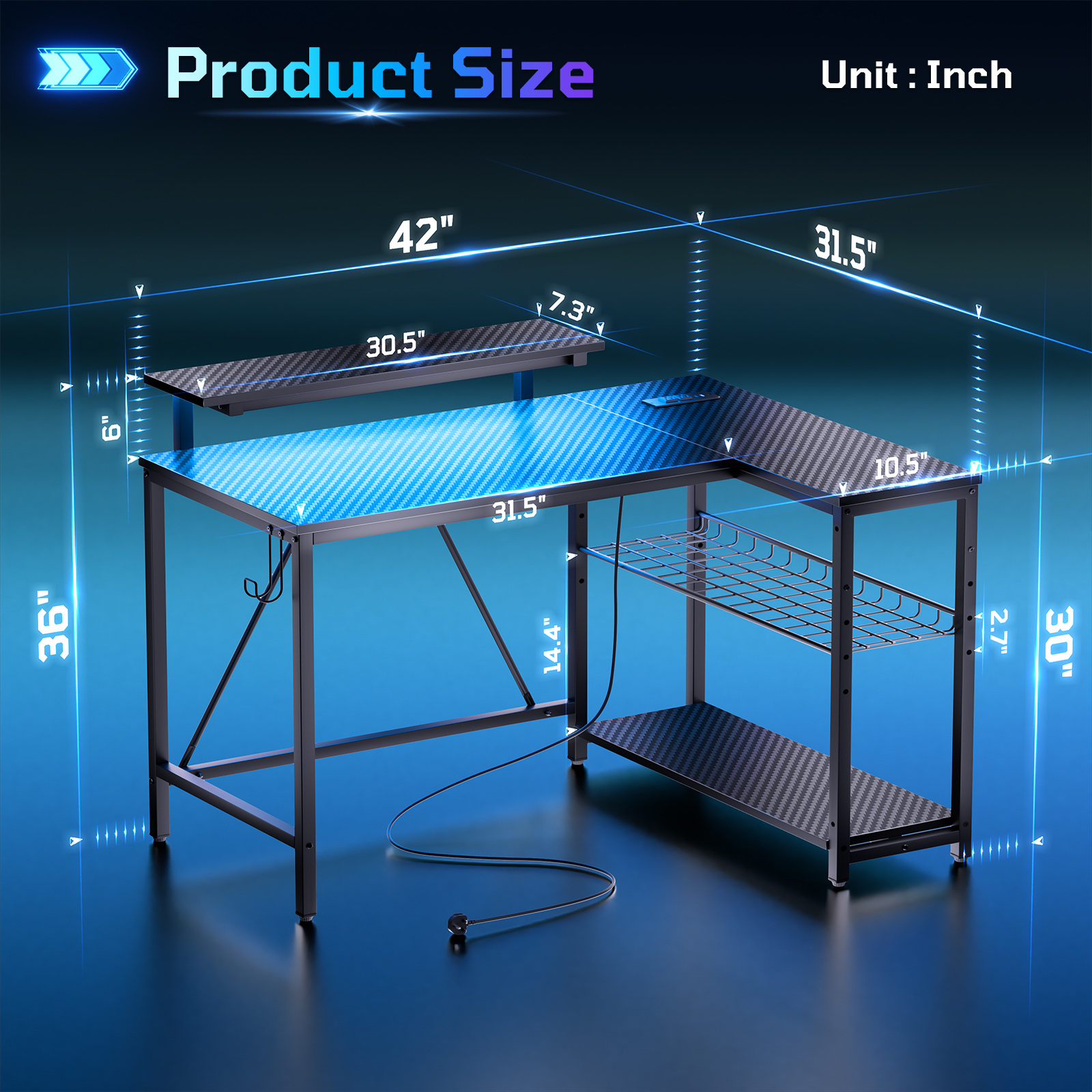 RSPGAME 42" L-Shaped Gaming Desk with LED Lights, Black photo 4