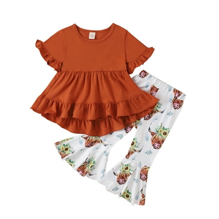 

Canrulo Toddler Baby Girl Summer Outfits Short Sleeve Dress Tops T-Shirt Cow Print Flare Pants 2Pcs Clothes Khaki 2-3 Years