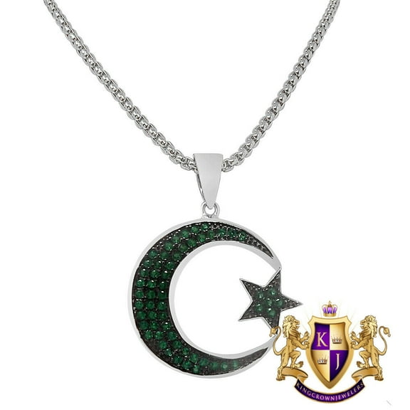 Genuine Silver/Green CZ Muslim Islamic Crescent Moon Star Allah Charm Pendent Chain Set