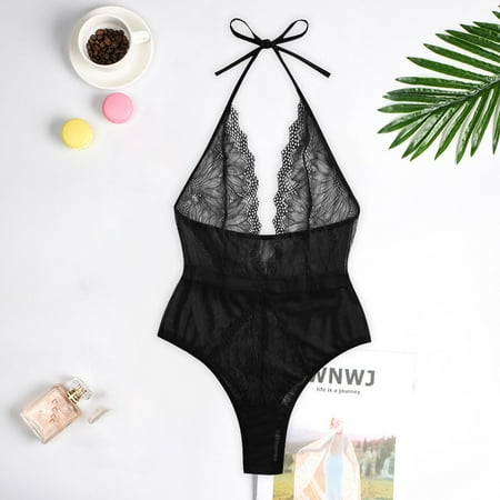 

Pxiakgy intimates for women New Women Lingerie Lace Teddy Deep V Neck Backless Bodysuit Underwear Black + L
