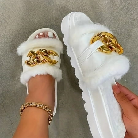 

Women s Cozy Plush Fuzzy Shoes Metallic Chain Decor Slippers Slip On Open Toe Home Thick Soft Sole Fluffy Slides Shoes