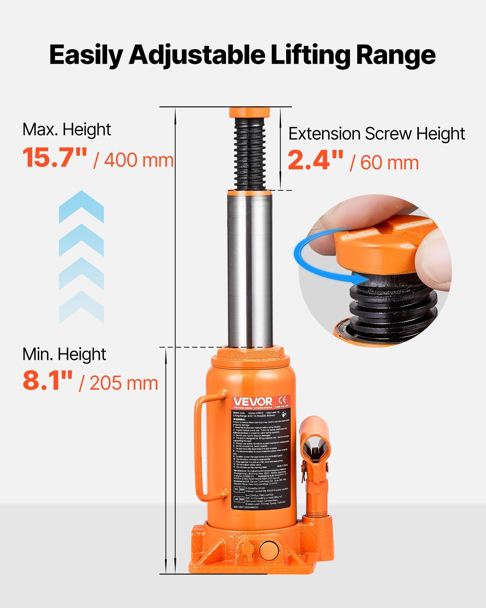 12 Ton (26,455.5 lbs) Hydraulic Bottle Jack, Heavy Duty Welded Steel – 8.1-15.7 Inch Lift Range for Cars, SUVs, Pickups, Auto Repair, House Lifting & Farm Equipment, Orange