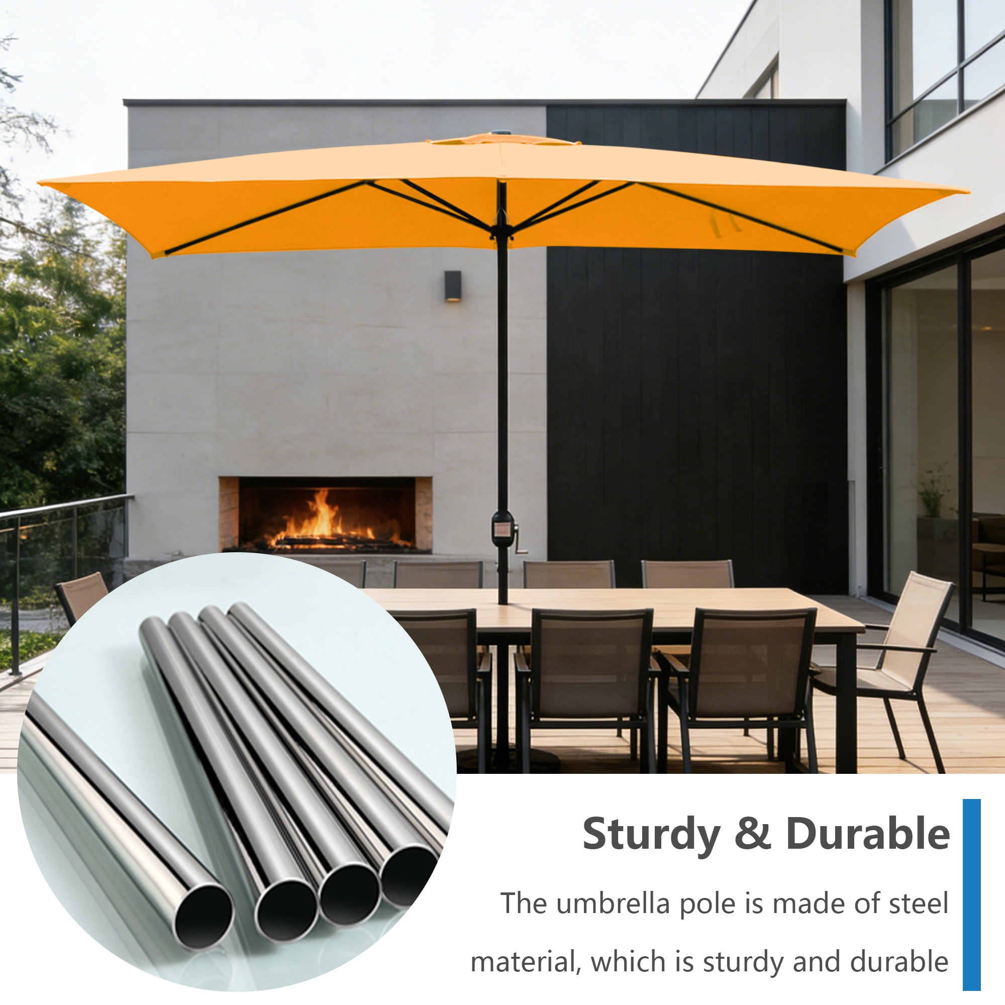 Abble 10x6.5ft Rectangular Patio Umbrella with Crank Handle, Outdoor Market Umbrella with 6 Sturdy Umbrella Ribs, Waterproof, Orange