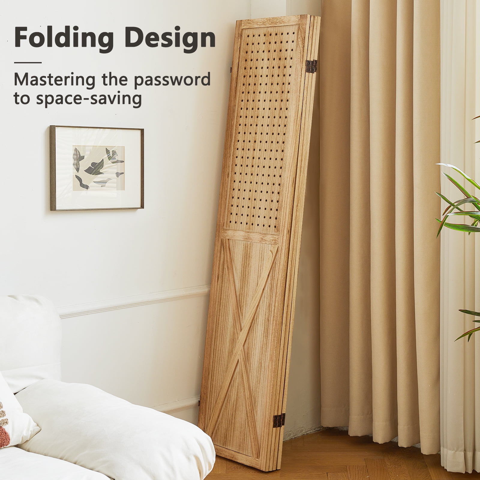 Aletheiawu 4 Panel Wood Room Divider Folding Privacy Screens, No Installation Required, Light Brown