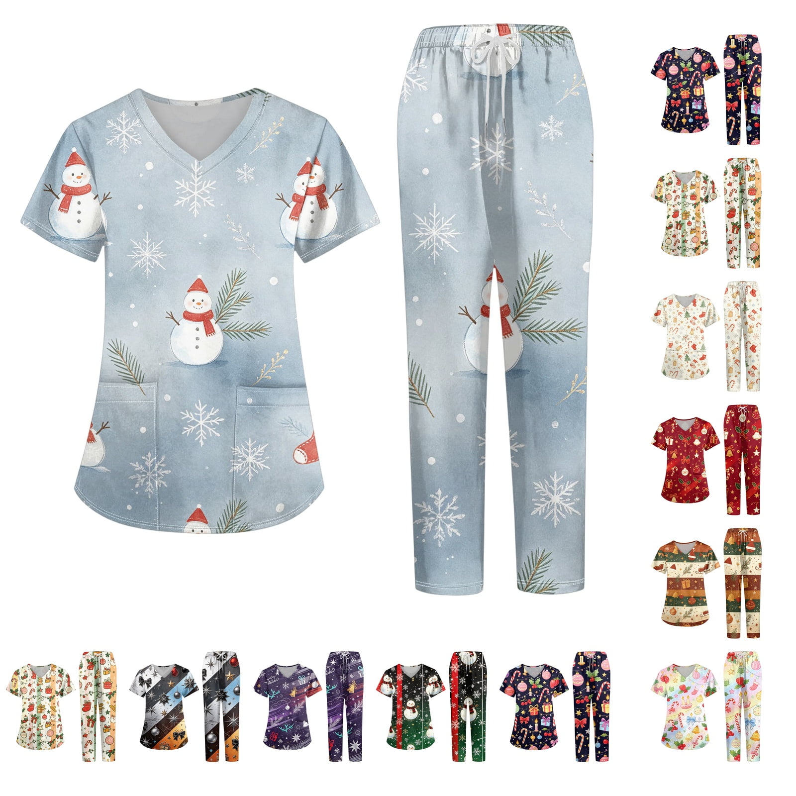 Lumtrix Women s Christmas Scrub Set Funny Print V-Neck Top & Pant Work Medical Nursing Uniforms with Pocket Sky Blue L