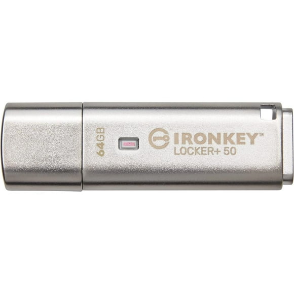 Kingston Ironkey Locker+ 50 64GB Encrypted USB Flash Drive | USB 3.2 Gen 1 | XTS-AES Protection | Multi-Password Security Options | Automatic Cloud Backup | Metal Casing | IKLP50/64GB