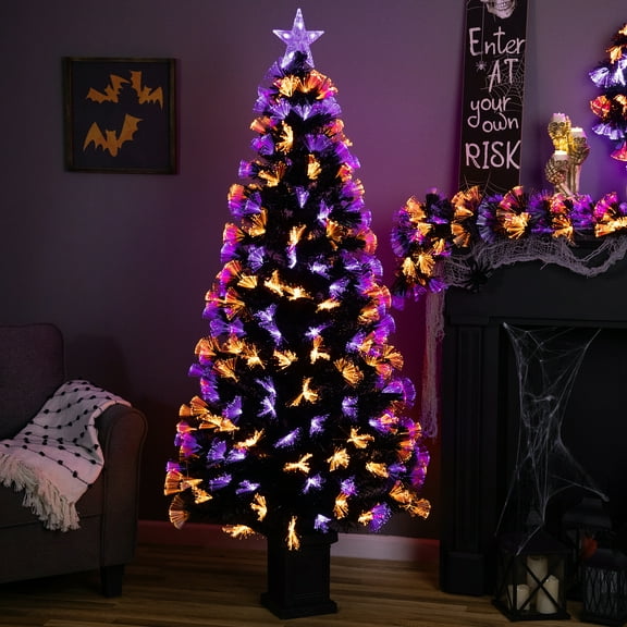 Northlight 8-function Fiber Optic Artificial Pine Potted Halloween Tree - 6' - Black - Orange and