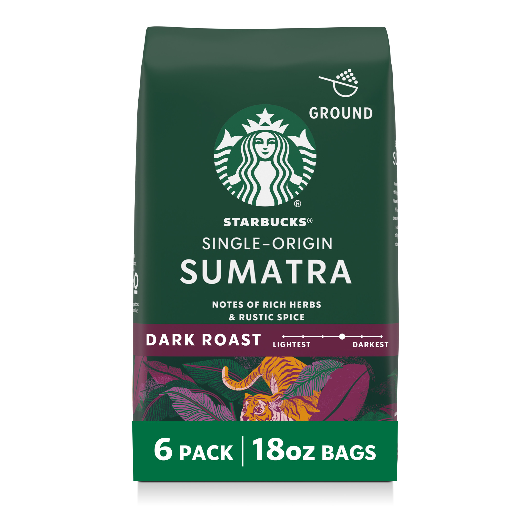 (6 pack) Starbucks Single-Origin Sumatra, Ground Coffee, Dark Roast Hot or Iced Coffee, 18 oz