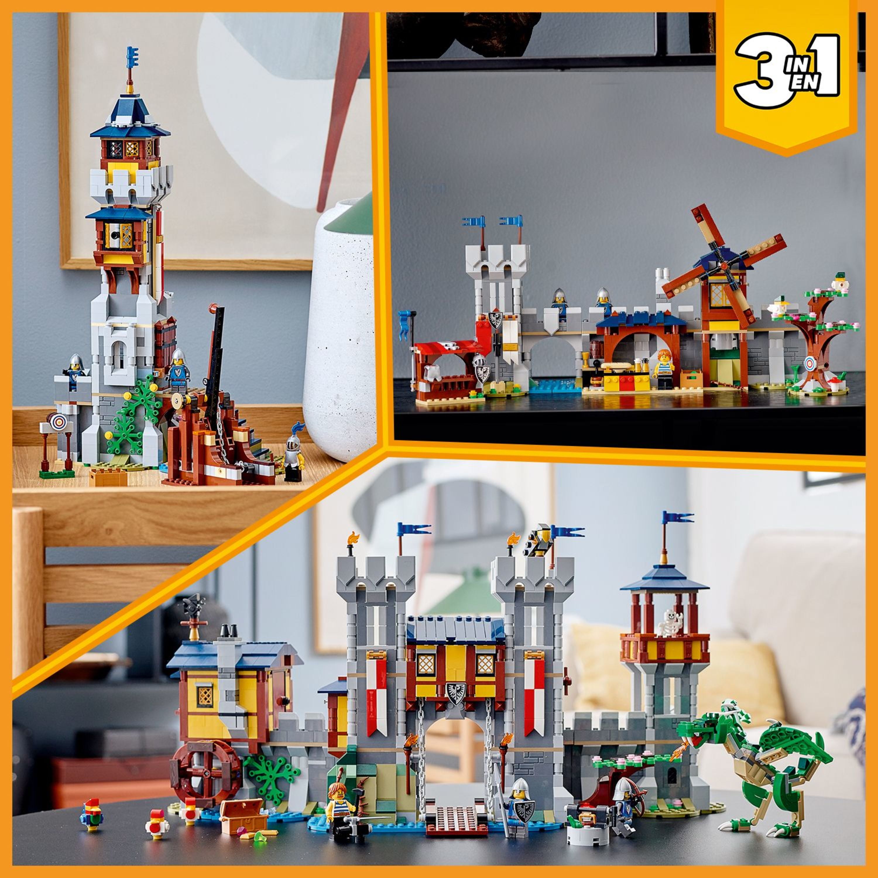 LEGO Creator 3-en-1 The Castle Medieval 31120 Dragon Market Dungeon