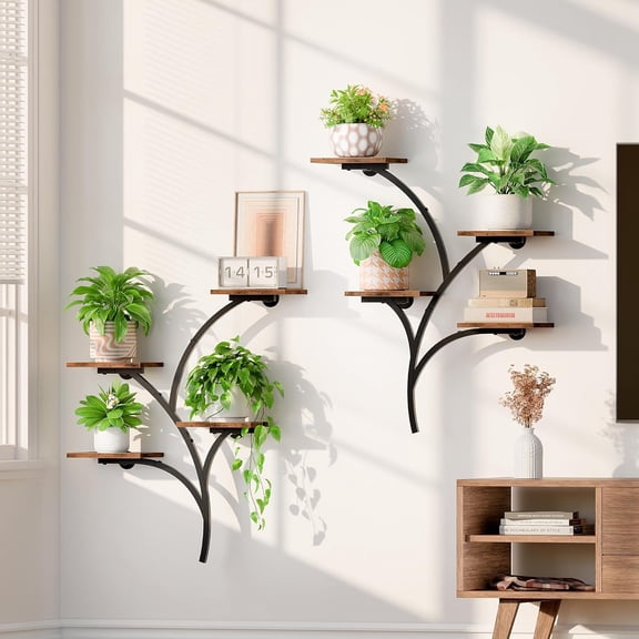 2 Pack Wall Mounted Plant Holder, 8-Tier Wall Planters for Indoor PlantsMetal and Wood Wall Planters, Easy To Assembly, Tree Style, For Display Plants, Photos & Decor