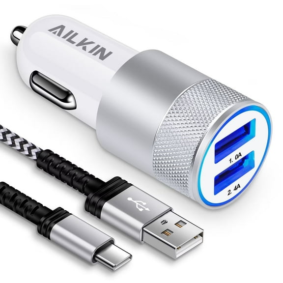 Car Charger Adapter Usb C,AILKIN Usb C Car Charger for Android Type C Car Charger Fast Charging Cigarette Lighter Adapter with Usb Type C Charging Cable 10ft,Silver