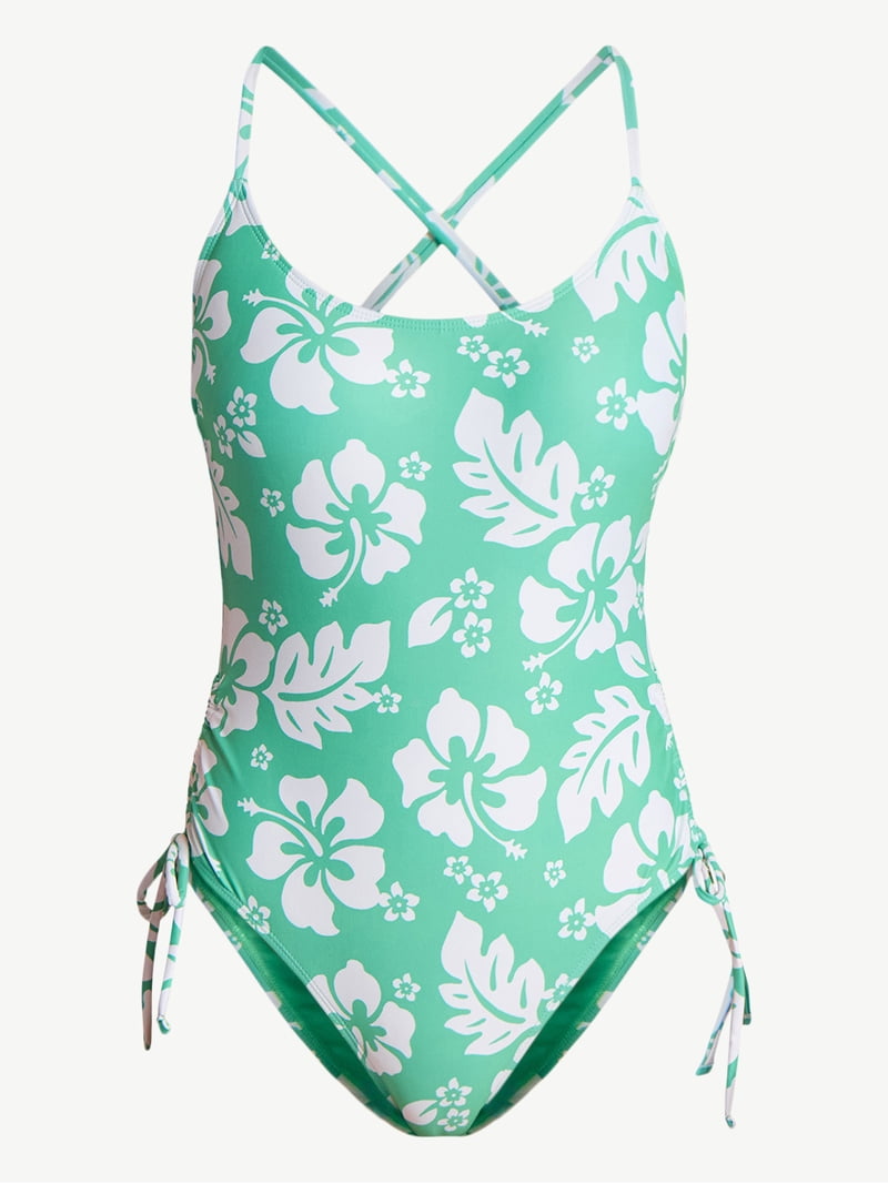 No Boundaries Hibiscus Printed One-Piece Swimsuit, Gray, XXS