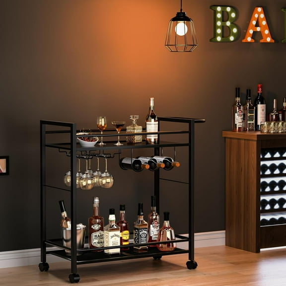 Bar Cart with Storage Shelves, 2 Tier Rolling Beverage Cart with Wheels, Modern Wine Cart for Kitchen Living Room Dinning Room Black