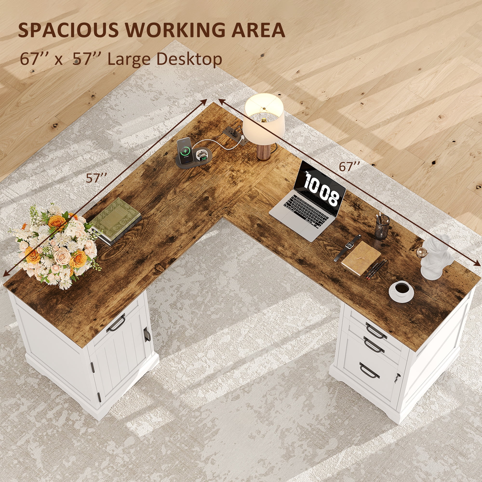 67'' Farmhouse L Shape Desk with File Drawers and Charging Station for Home Office, White