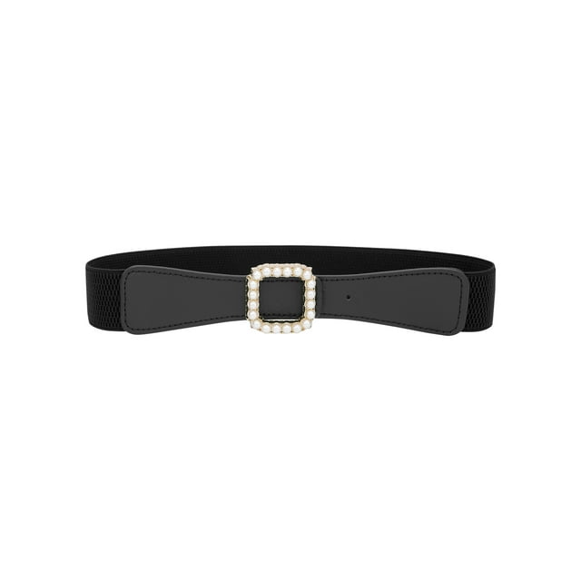 Cinturones Elásticos Anchos para Mujeres, Cierre de Perla de Metal de Moda, Cinturón Elástico con Ribete Grueso para Vestidos Negro Talla Única
