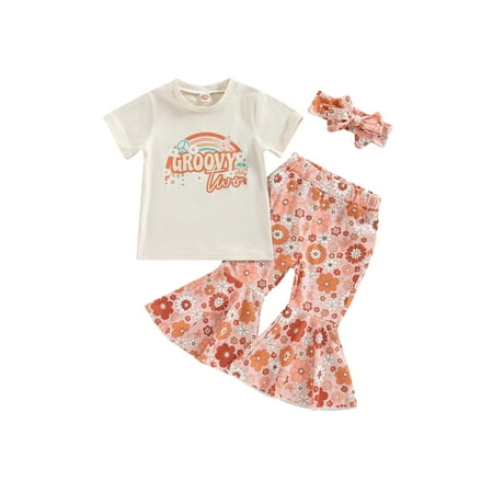

Bagilaanoe 2pcs Newborn Baby Girl Long Pants Set Rainbow Letter Print Short Sleeve T-shirt Tops + Floral Print Flare Trousers + Headband 12M 18M 24M Infant Casual Outfits