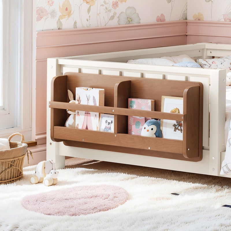 URTR Twin Size Montessori Floor Bed with Storage Bookshelf and High-Quality Safety Guardrail, Wooden Twin Floor Bed Frame, Wooden Platform Bed, Low Profile Twin Bed with Fence and Headboard, Beige