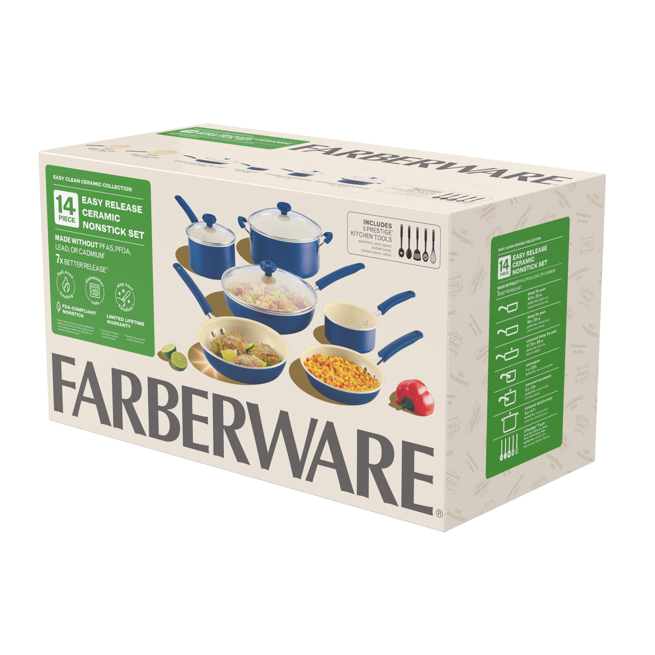Farberware Easy Clean 14 Pcs Ceramic Nonstick Cookware Set with Cooking Tools, Dishwasher Safe, Blue