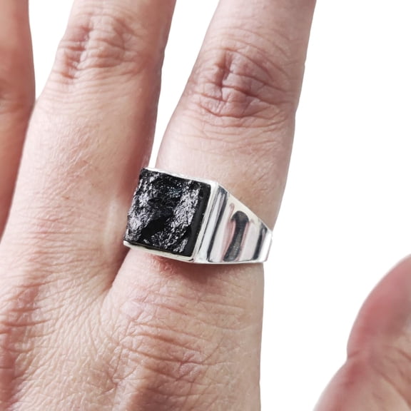 Rough Black Tourmaline Mans Ring, Natural Square Black Tourmaline, Silver Jewelry, 925 Silver Ring, Birthday, Heavy Mens Ring, Arabic Design, Ottoman Style Ring, Christmas, Turkey Mens Signet Ring