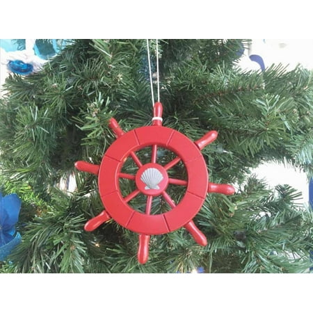 - Red Decorative Ship Wheel With Seashell Christmas Tree Ornament 6
