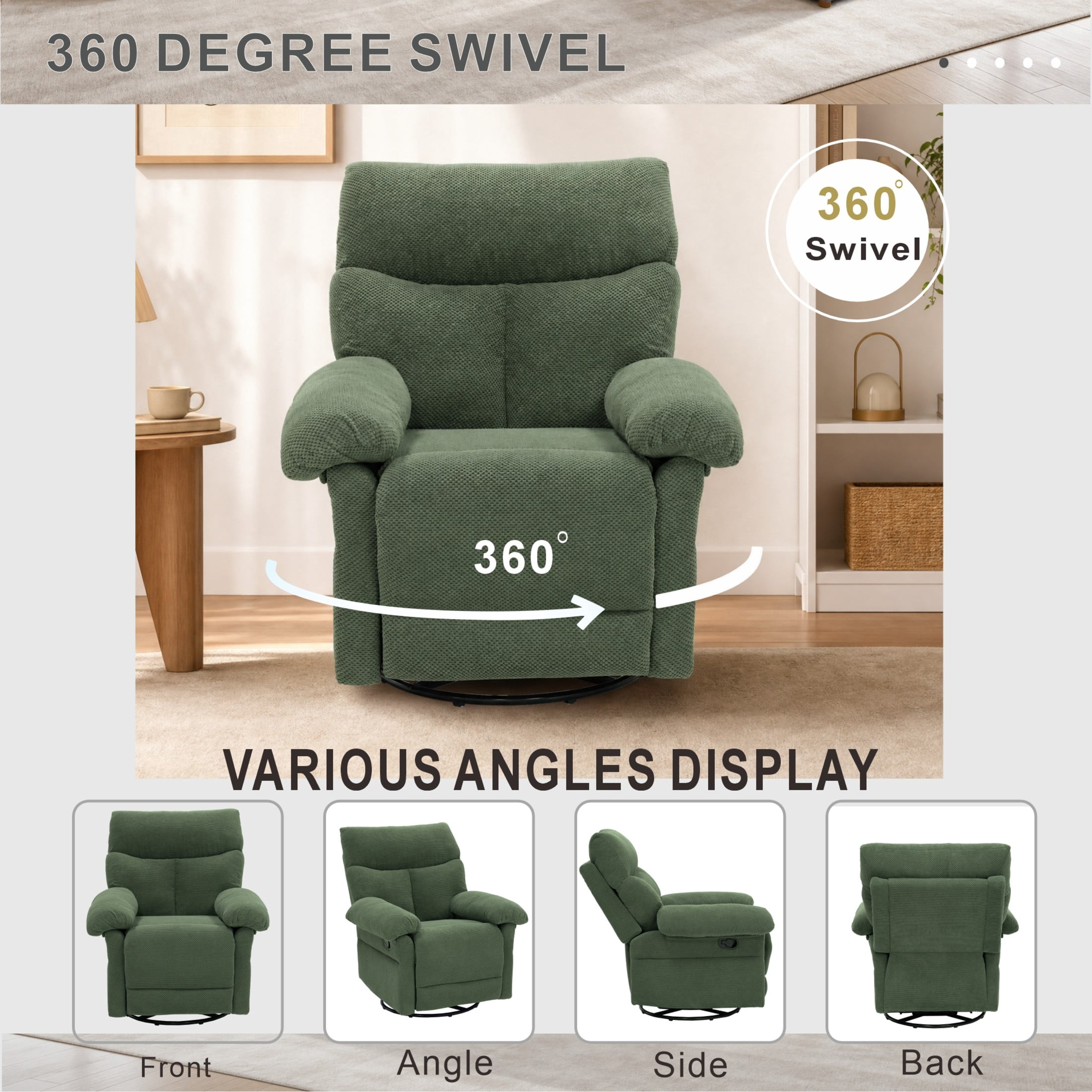 Noble House Modern Swivel Rocker Recliner Chair, Manual Glider Recliner with Textured Fabric, Dark Green