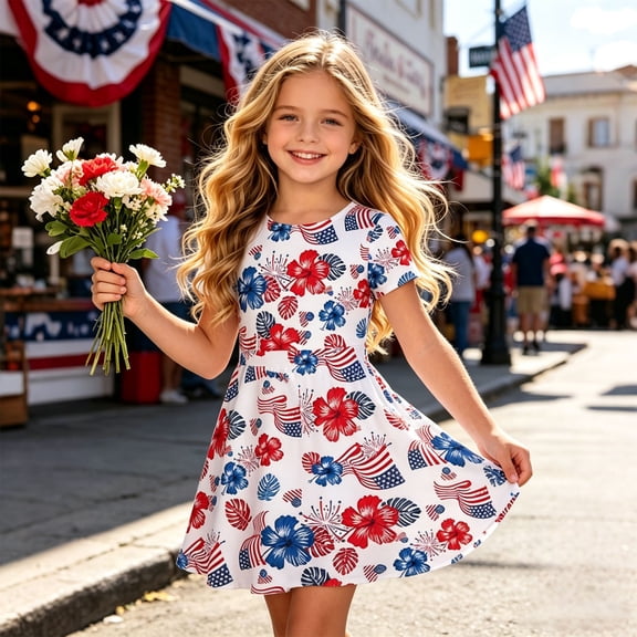ibiyuan Girls 4th of July Dress American Patriotic Outfit USA Independence Day Clothes Short Sleeve Round Neck Dress