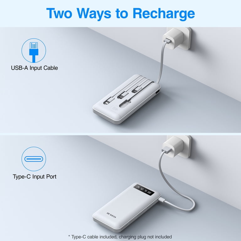 JIUMESS 20000mAh Portable Power Bank, Built-in 4 Cables, LED