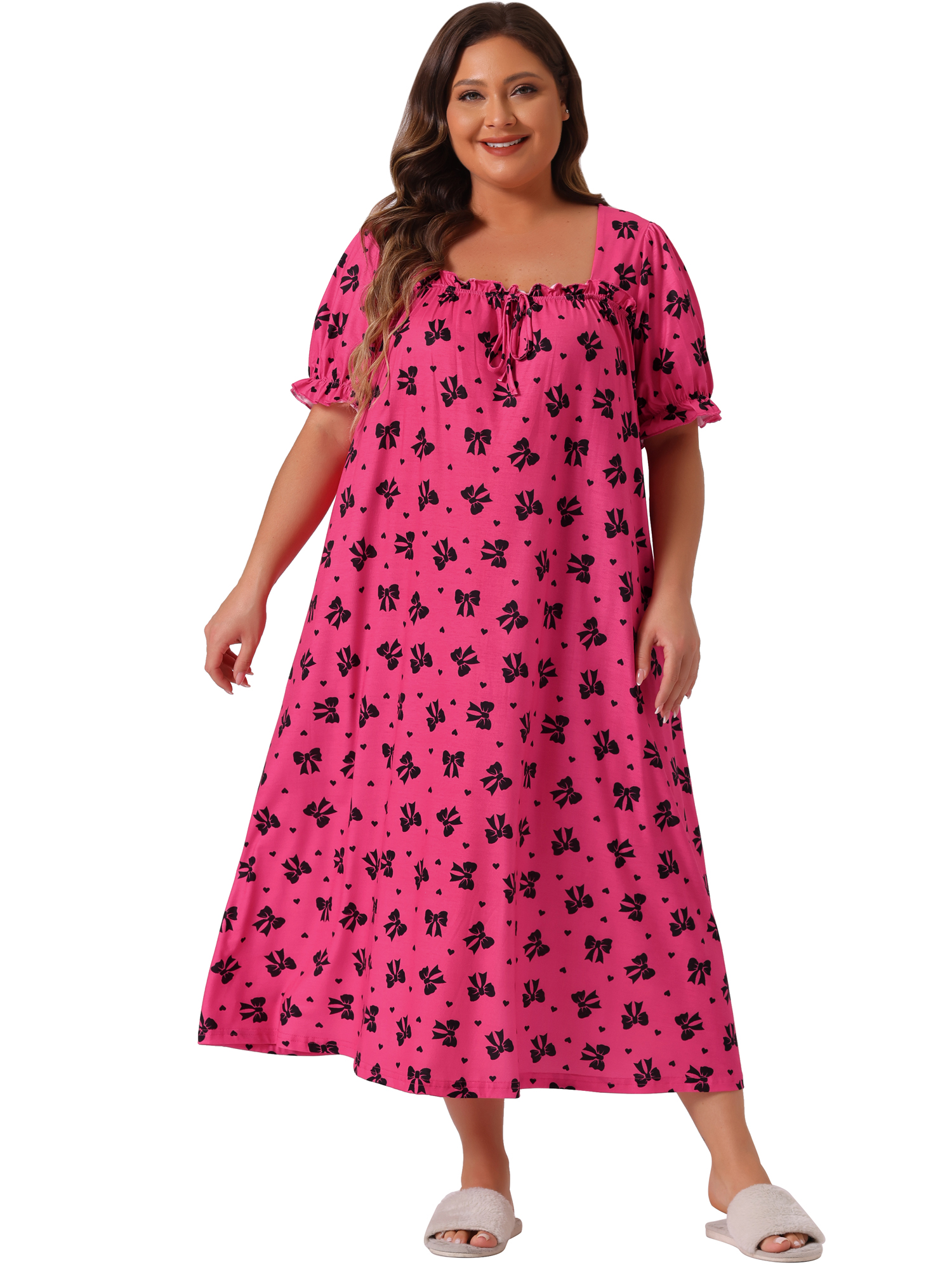 DARING DIVA Women's Plus Soft Crew Neck Cute Cherry Ruffle Nightgown 2X Hot Pink
