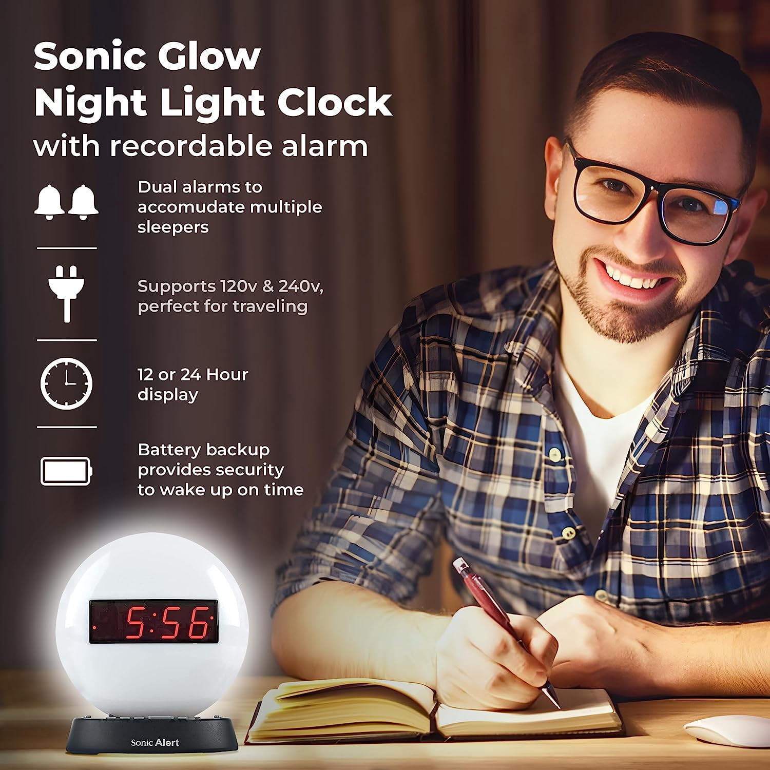 Sonic Alert Soft White Alarm Clock Nightlight - Wake Up with Gentle Light and Sound