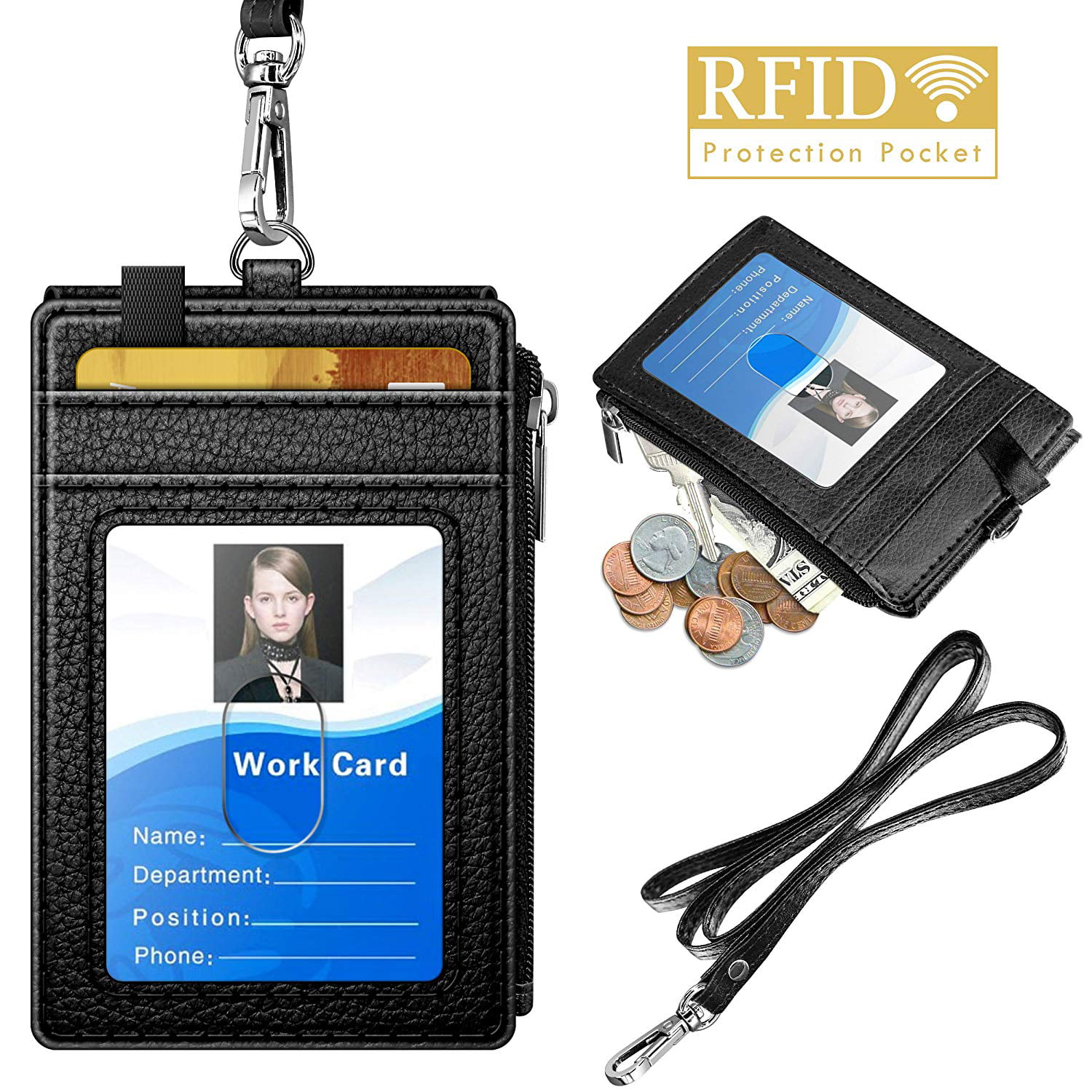 PLENTY Heavy Duty ID Badge Wallet with Pen Loop Key Ring,5 Card Slots Grey Leather Badge Holder 2 Side Zipper Pocket and Neck Lanyard Strap for Offices School ID Driver Licence