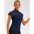 thumbnail image 3 of Blusa Semitransparente Con Cuello Alto Y Manga Corta Con Abertura En La Espalda Y Encaje Para Mujer Azul Marino S, 3 of 6