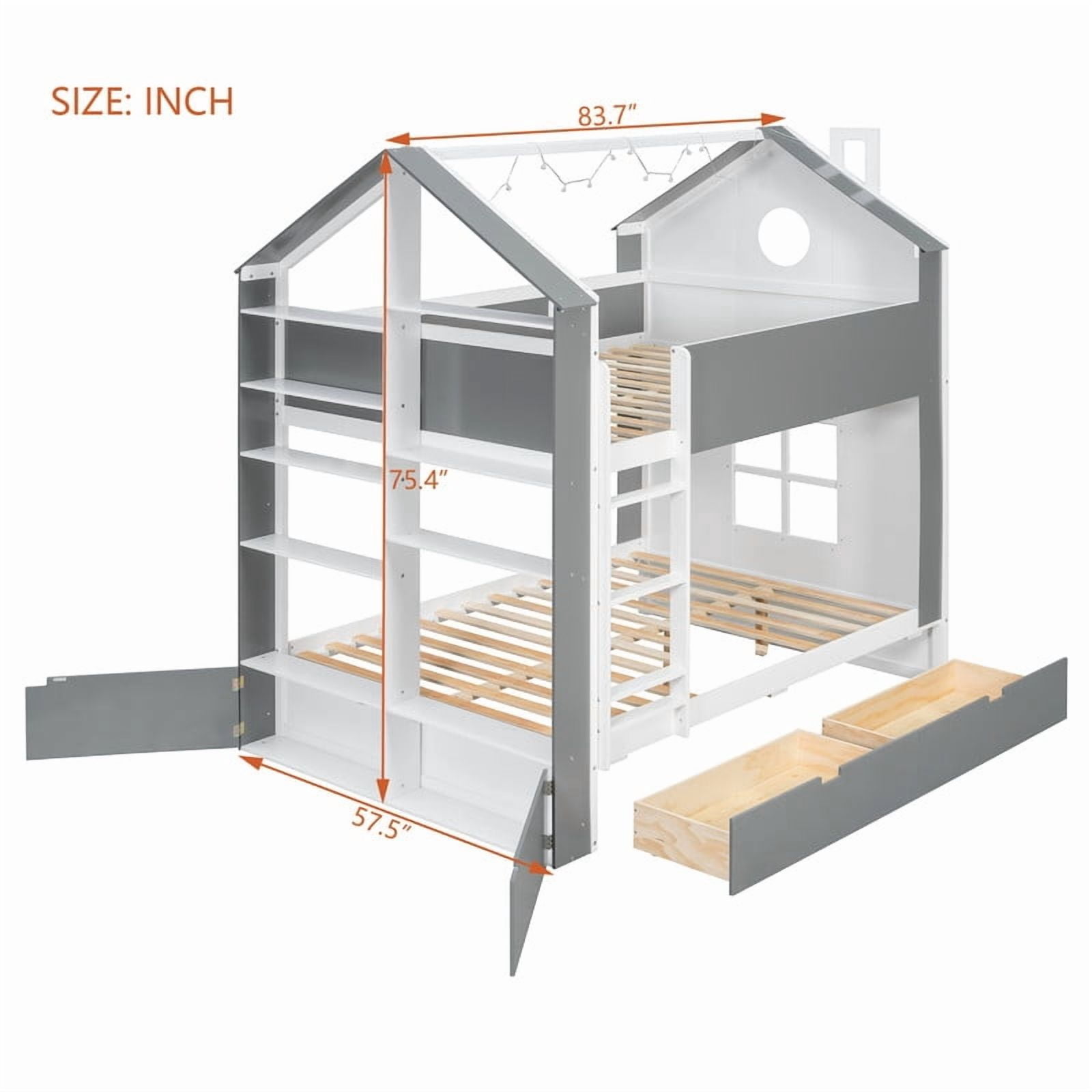 Full-Over-Full Two-Tone Accent Bunk Bed Frame with Cabinet, Drawers & Shelves, Modern Storage Kids Bed with LED Light Strip
