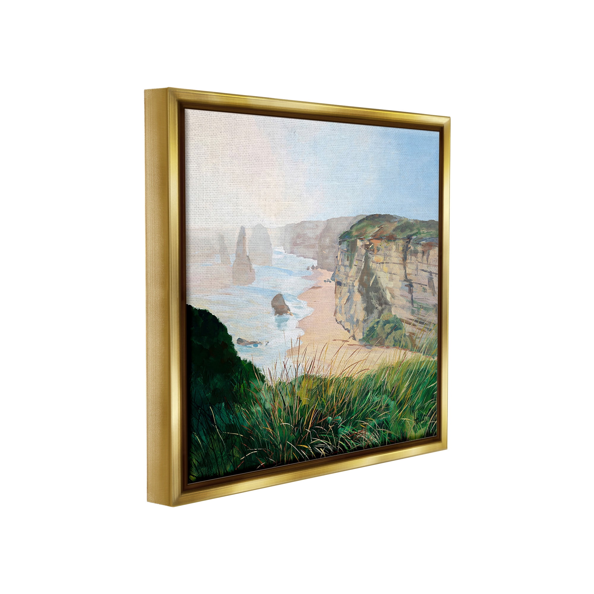 Stupell Industries Nautical Beach Cove Landscape Painting Gold Floater Framed Canvas Art Print Wall Art, 25 x 25
