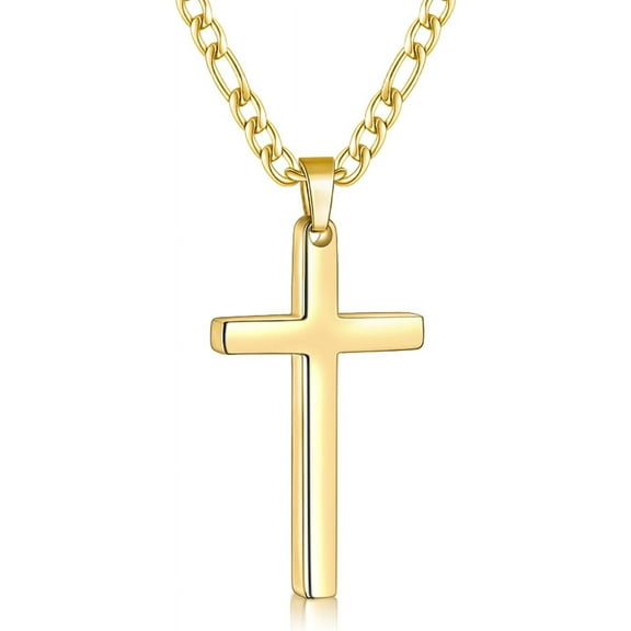 Gold Plated Cross Necklace for Men, Stainless Steel Mens Cross Necklaces with 3.5mm Figaro Chain, Pendant Chain 16-24 Inches