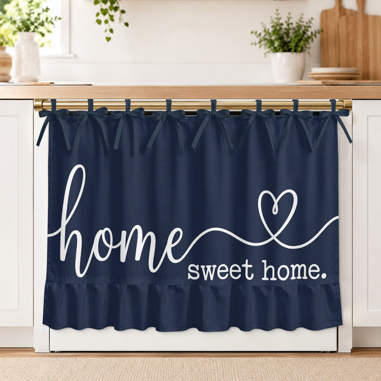 Home Sweet Home Oven Skirt Curtain for Kitchen Decor 30 x 21.5 Inch Vintage Minimalist Classic Blue Lettering Linen Texture Ruffle Oven Door Cover with Ties Oven Skirt for Dishwasher Stove Cabinet