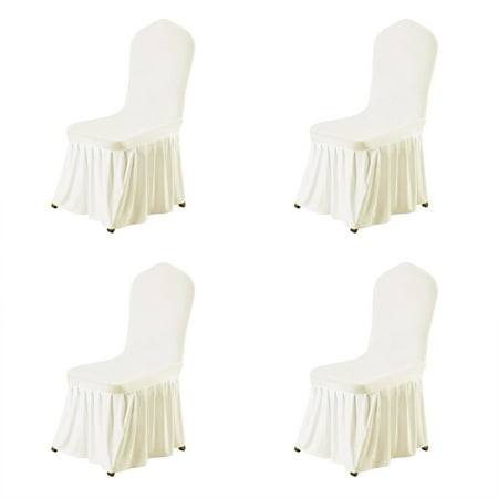 Dining Room Chair Covers Round Back Stretch Spandex Round Top Dining Room Chair Covers Long Ruffled Skirt Slipcovers for Shorty Chair Seat Covers Beige 4pcs ()